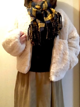 「チェックマフラー」｜「アイテム（ノーカラージャケット）」を使った、+K*さん（レディース・153cm）の冬コーディネート