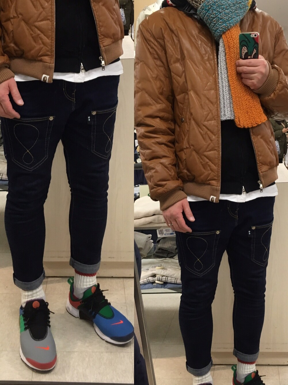「A BATHING APE、adidas originals、mercibeaucoup,、NIKE、BEAMS、マフラー、G-SHOCK、クレイジーカラー、新年会」｜「mercibeaucoup,のアイテム（デニムパンツ、ブルー系）」を使った、流山ＲＥＤＳさん（メンズ・180cm）の冬コーディネートの1枚目の写真