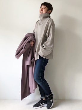 「アイテム（チェスターコート、パープル系）」を使った、Bou Jeloudさん（レディース・154cm）の冬コーディネート