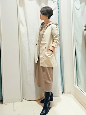 「アイテム（ノーカラージャケット、グリーン系）」を使った、Bou Jeloudさん（レディース・158cm）の冬コーディネート