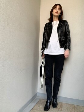 「キルティングバッグ」｜「アイテム（ライダースジャケット）」を使った、大釜ケリーさん（レディース・165cm）の春コーディネート