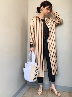 美品✨アローズ　定価2.8万　ストライプ　スキッパー　ロングシャツワンピース