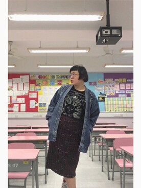 「school」｜「アイテム（デニムジャケット）」を使った、DD_ngaさん（レディース・158cm）の春コーディネート