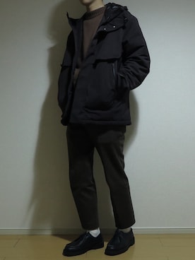 「プラスJ」｜「アイテム（ダウンジャケット/コート）」を使った、Eddieさん（メンズ・168cm）の冬コーディネート