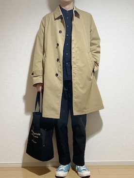 「green label relaxing（グリーンレーベルリラクシング）のアイテム（ステンカラーコート）」を使った、Eddieさん（メンズ・168cm）の冬コーディネート