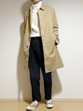 「green label relaxing（グリーンレーベルリラクシング）のアイテム（ステンカラーコート）」を使った、Eddieさん（メンズ・168cm）の春コーディネート