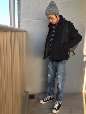 「アイテム（ボディバッグ/ウエストポーチ、シルバー系）」を使った、くるまやさん（メンズ・165cm）の冬コーディネート