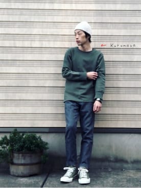 「FOB FACTORY（エフオービーファクトリー）のアイテム（その他パンツ）」を使った、くるまやさん（メンズ・165cm）の春コーディネート