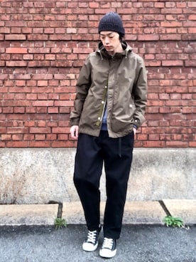 「UNIQLO U」｜「アイテム（モッズコート）」を使った、くるまやさん（メンズ・165cm）の春コーディネート