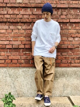 「HIGHLAND 2000（ハイランドトゥーサウザンド）のHIGHLAND 2000/ハイランド2000　IRISH LINEN 2×1 WATCH CAP　（303）（ニットキャップ/ビーニー）」を使った、くるまやさん（メンズ・165cm）の秋コーディネート