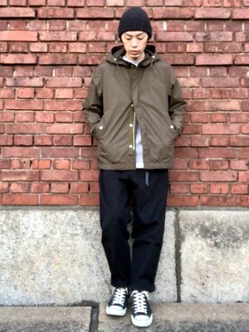 「UNIQLO U」｜「アイテム（モッズコート）」を使った、くるまやさん（メンズ・165cm）の秋コーディネート