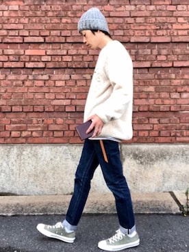 「ミニ財布」｜「アイテム（ニットキャップ/ビーニー）」を使った、くるまやさん（メンズ・165cm）の秋コーディネート