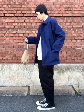 「HIGHLAND 2000（ハイランドトゥーサウザンド）のHIGHLAND 2000/ハイランド2000　IRISH LINEN 2×1 WATCH CAP　（303）（ニットキャップ/ビーニー）」を使った、くるまやさん（メンズ・165cm）の秋コーディネート