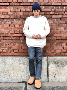 「アイテム（ソックス/靴下、グリーン系）」を使った、くるまやさん（メンズ・165cm）の冬コーディネート