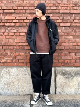 「HIGHLAND 2000（ハイランドトゥーサウザンド）のHIGHLAND 2000/ハイランド2000　IRISH LINEN 2×1 WATCH CAP　（303）（ニットキャップ/ビーニー）」を使った、くるまやさん（メンズ・165cm）の冬コーディネート