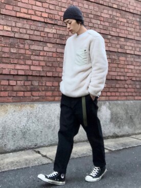 「HIGHLAND 2000（ハイランドトゥーサウザンド）のHIGHLAND 2000/ハイランド2000　IRISH LINEN 2×1 WATCH CAP　（303）（ニットキャップ/ビーニー）」を使った、くるまやさん（メンズ・165cm）の冬コーディネート