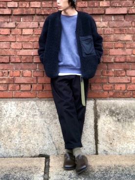 「アイテム（ソックス/靴下、グリーン系）」を使った、くるまやさん（メンズ・165cm）の冬コーディネート