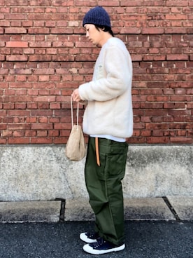 「HIGHLAND 2000（ハイランドトゥーサウザンド）のHIGHLAND 2000/ハイランド2000　IRISH LINEN 2×1 WATCH CAP　（303）（ニットキャップ/ビーニー）」を使った、くるまやさん（メンズ・165cm）の冬コーディネート