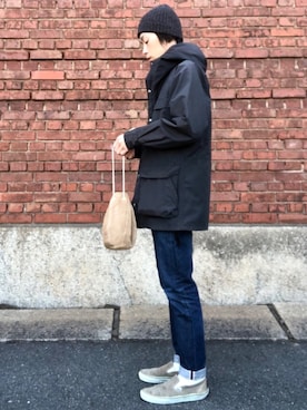 「HIGHLAND 2000（ハイランドトゥーサウザンド）のHIGHLAND 2000/ハイランド2000　IRISH LINEN 2×1 WATCH CAP　（303）（ニットキャップ/ビーニー）」を使った、くるまやさん（メンズ・165cm）の冬コーディネート