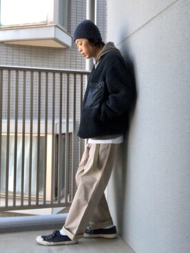 「HIGHLAND 2000（ハイランドトゥーサウザンド）のHIGHLAND 2000/ハイランド2000　IRISH LINEN 2×1 WATCH CAP　（303）（ニットキャップ/ビーニー）」を使った、くるまやさん（メンズ・165cm）の冬コーディネート