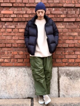 「HIGHLAND 2000（ハイランドトゥーサウザンド）のHIGHLAND 2000/ハイランド2000　IRISH LINEN 2×1 WATCH CAP　（303）（ニットキャップ/ビーニー）」を使った、くるまやさん（メンズ・165cm）の冬コーディネート