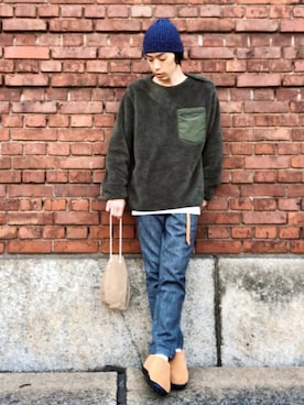 「HIGHLAND 2000（ハイランドトゥーサウザンド）のHIGHLAND 2000/ハイランド2000　IRISH LINEN 2×1 WATCH CAP　（303）（ニットキャップ/ビーニー）」を使った、くるまやさん（メンズ・165cm）の冬コーディネート