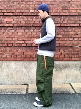 「HIGHLAND 2000（ハイランドトゥーサウザンド）のHIGHLAND 2000/ハイランド2000　IRISH LINEN 2×1 WATCH CAP　（303）（ニットキャップ/ビーニー）」を使った、くるまやさん（メンズ・165cm）の冬コーディネート