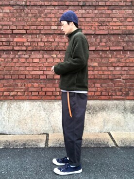 「HIGHLAND 2000（ハイランドトゥーサウザンド）のHIGHLAND 2000/ハイランド2000　IRISH LINEN 2×1 WATCH CAP　（303）（ニットキャップ/ビーニー）」を使った、くるまやさん（メンズ・165cm）の冬コーディネート