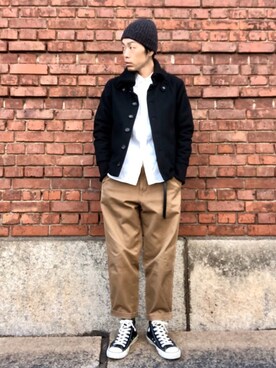 「HIGHLAND 2000（ハイランドトゥーサウザンド）のHIGHLAND 2000/ハイランド2000　IRISH LINEN 2×1 WATCH CAP　（303）（ニットキャップ/ビーニー）」を使った、くるまやさん（メンズ・165cm）の冬コーディネート