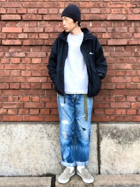「HIGHLAND 2000（ハイランドトゥーサウザンド）のHIGHLAND 2000/ハイランド2000　IRISH LINEN 2×1 WATCH CAP　（303）（ニットキャップ/ビーニー）」を使った、くるまやさん（メンズ・165cm）の冬コーディネート