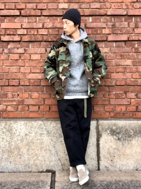 「HIGHLAND 2000（ハイランドトゥーサウザンド）のHIGHLAND 2000/ハイランド2000　IRISH LINEN 2×1 WATCH CAP　（303）（ニットキャップ/ビーニー）」を使った、くるまやさん（メンズ・165cm）の冬コーディネート