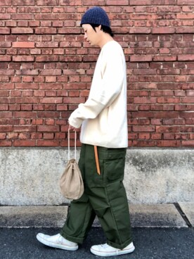 「HIGHLAND 2000（ハイランドトゥーサウザンド）のHIGHLAND 2000/ハイランド2000　IRISH LINEN 2×1 WATCH CAP　（303）（ニットキャップ/ビーニー）」を使った、くるまやさん（メンズ・165cm）の春コーディネート