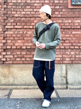 「HIGHLAND 2000（ハイランドトゥーサウザンド）のHIGHLAND 2000/ハイランド2000　IRISH LINEN 2×1 WATCH CAP　（303）（ニットキャップ/ビーニー）」を使った、くるまやさん（メンズ・165cm）の春コーディネート