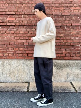 「HIGHLAND 2000（ハイランドトゥーサウザンド）のHIGHLAND 2000/ハイランド2000　IRISH LINEN 2×1 WATCH CAP　（303）（ニットキャップ/ビーニー）」を使った、くるまやさん（メンズ・165cm）の春コーディネート