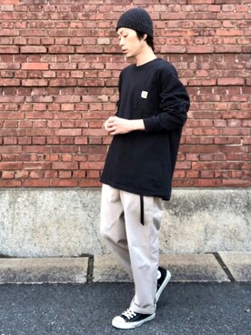 「HIGHLAND 2000（ハイランドトゥーサウザンド）のHIGHLAND 2000/ハイランド2000　IRISH LINEN 2×1 WATCH CAP　（303）（ニットキャップ/ビーニー）」を使った、くるまやさん（メンズ・165cm）の春コーディネート