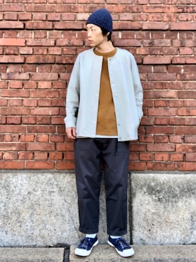 「HIGHLAND 2000（ハイランドトゥーサウザンド）のHIGHLAND 2000/ハイランド2000　IRISH LINEN 2×1 WATCH CAP　（303）（ニットキャップ/ビーニー）」を使った、くるまやさん（メンズ・165cm）の春コーディネート