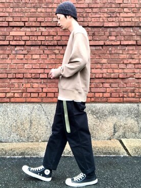 「HIGHLAND 2000（ハイランドトゥーサウザンド）のHIGHLAND 2000/ハイランド2000　IRISH LINEN 2×1 WATCH CAP　（303）（ニットキャップ/ビーニー）」を使った、くるまやさん（メンズ・165cm）の春コーディネート
