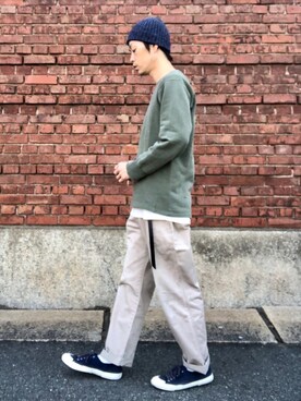 「HIGHLAND 2000（ハイランドトゥーサウザンド）のHIGHLAND 2000/ハイランド2000　IRISH LINEN 2×1 WATCH CAP　（303）（ニットキャップ/ビーニー）」を使った、くるまやさん（メンズ・165cm）の春コーディネート