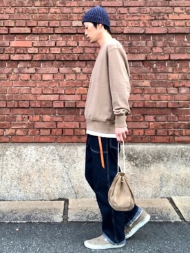 「HIGHLAND 2000（ハイランドトゥーサウザンド）のHIGHLAND 2000/ハイランド2000　IRISH LINEN 2×1 WATCH CAP　（303）（ニットキャップ/ビーニー）」を使った、くるまやさん（メンズ・165cm）の春コーディネート