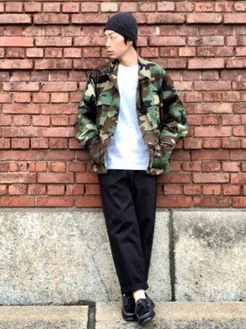 「HIGHLAND 2000（ハイランドトゥーサウザンド）のHIGHLAND 2000/ハイランド2000　IRISH LINEN 2×1 WATCH CAP　（303）（ニットキャップ/ビーニー）」を使った、くるまやさん（メンズ・165cm）の春コーディネート