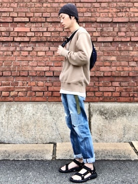 「スポサン」｜「アイテム（スウェット）」を使った、くるまやさん（メンズ・165cm）の春コーディネート