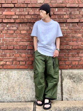 「HIGHLAND 2000（ハイランドトゥーサウザンド）のHIGHLAND 2000/ハイランド2000　IRISH LINEN 2×1 WATCH CAP　（303）（ニットキャップ/ビーニー）」を使った、くるまやさん（メンズ・165cm）の春コーディネート