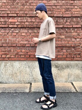 「HIGHLAND 2000（ハイランドトゥーサウザンド）のHIGHLAND 2000/ハイランド2000　IRISH LINEN 2×1 WATCH CAP　（303）（ニットキャップ/ビーニー）」を使った、くるまやさん（メンズ・165cm）の夏コーディネート
