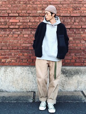 「UNIQLO（ユニクロ）のフリースカーディガン（長袖）（その他アウター）」を使った、くるまやさん（メンズ・165cm）の冬コーディネート