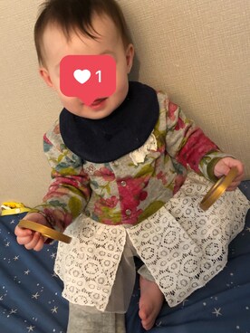 「西松屋（ニシマツヤ）のアイテム（スタイ/よだれかけ、ブルー系）」を使った、ゆずさん（キッズ・80cm）の秋コーディネート