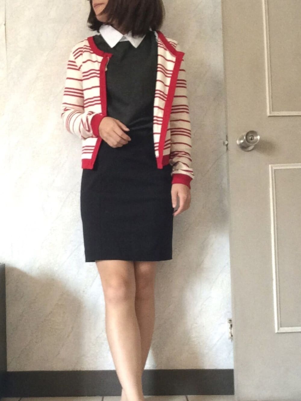 「OL look、office style、OL、面試」｜「PAZZOの條紋針織外套（その他アウター、その他）」を使った、cheche さん（レディース・157cm）の春コーディネートの1枚目の写真