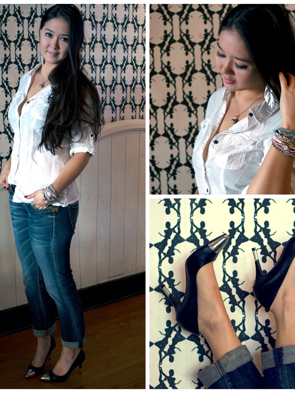 「bangle、beaded、bracelet、heels、http://bit.ly/19YSzdK、http://shpst.ly/us431992897?pid=uid3776-13048424-4、http://www.dsw.com/shoe/audrey+brooke+mila+pump?prodId=281442、http://www.hipanemausa.com/、jeans、top」｜Elise Armitageさん（レディース）の秋コーディネートの1枚目の写真