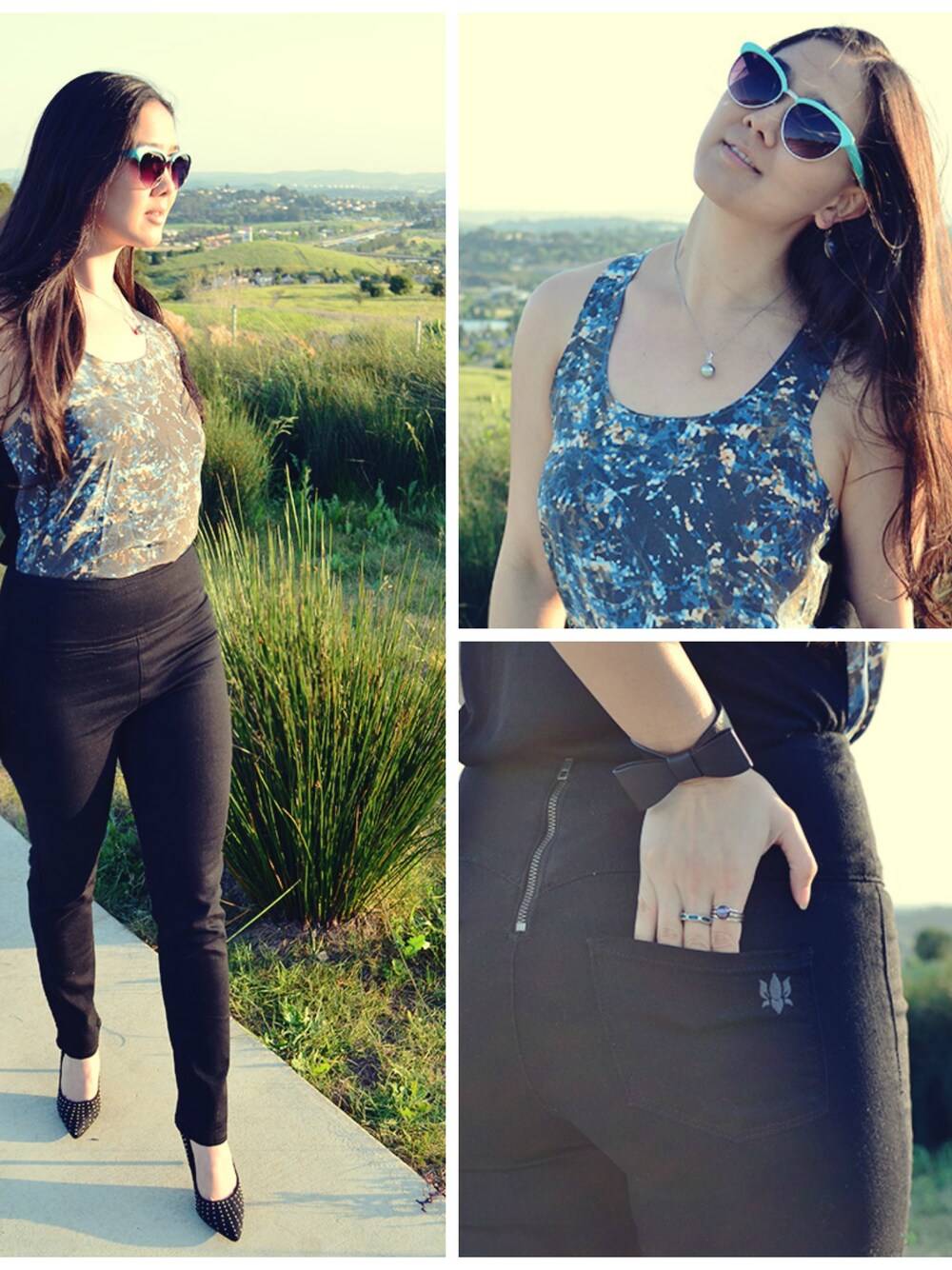「Cat-eye、FOREVER 21、High-waisted、Hi-low、macys、necklace、pants、River Island、Sunglasses、top」｜Elise Armitageさん（レディース）の夏コーディネートの1枚目の写真