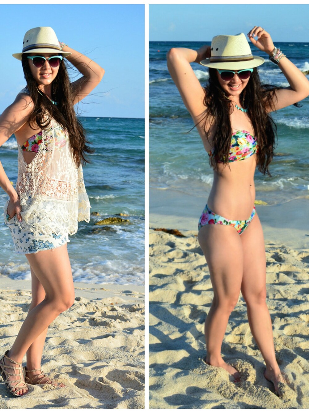 「asos、bandeau、Bathingsuit、Cat-eye、FOREVER 21、River Island、sandals、shorts、Sunglasses、top」｜Elise Armitageさん（レディース）の夏コーディネートの1枚目の写真