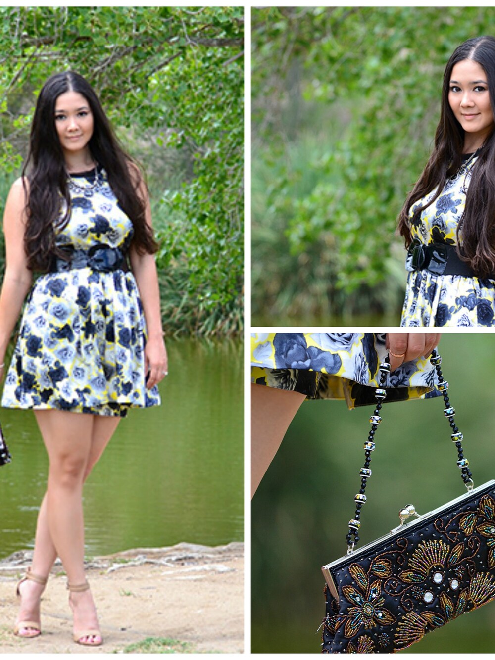 「beaded、clutch、dress、floral、heels、house of Harlow、necklace、nina mae、Rebecca Taylor、statement」｜Elise Armitageさん（レディース）の夏コーディネートの1枚目の写真